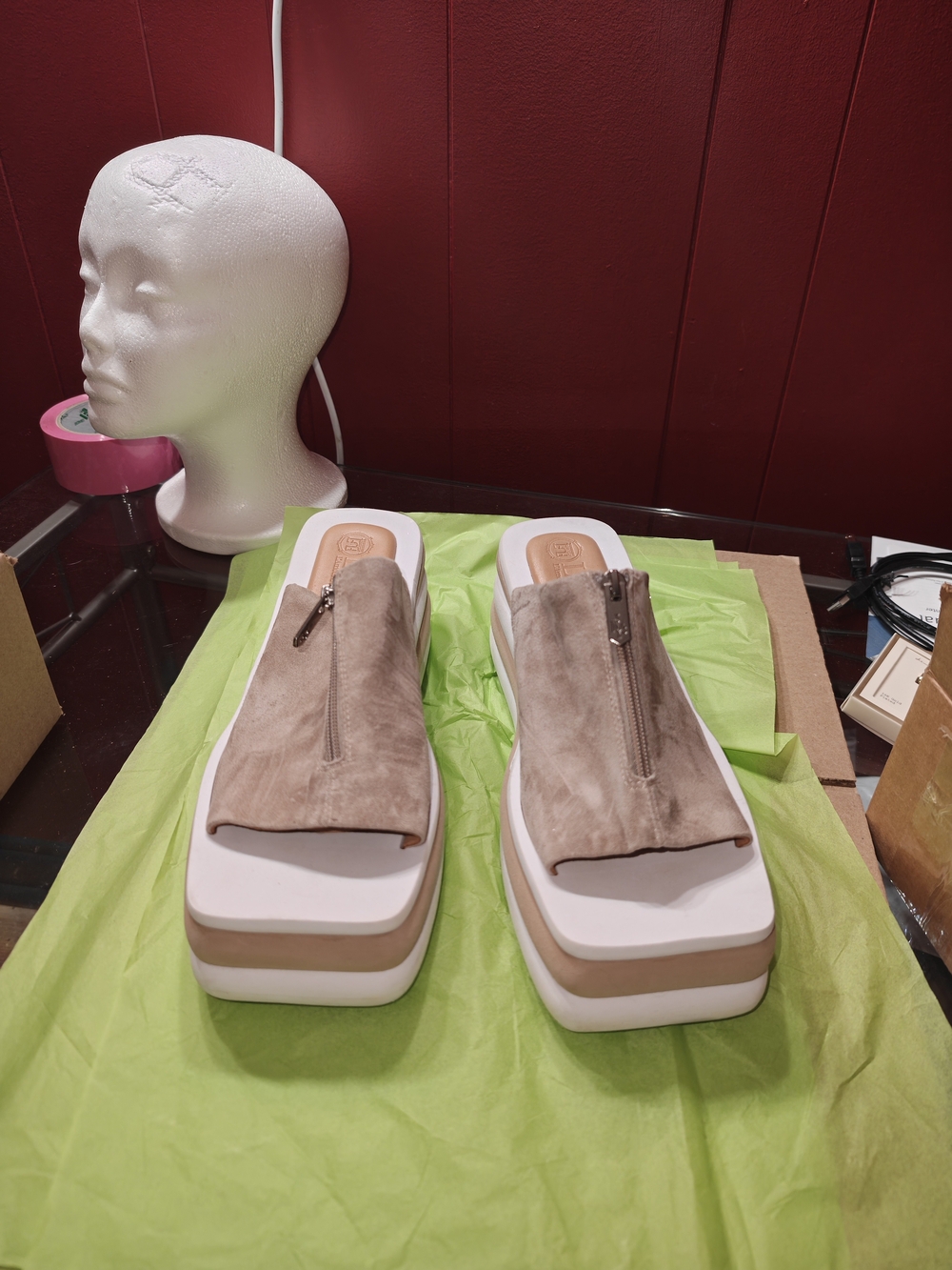 Taupe Suede Zip-Front Platform Mules New